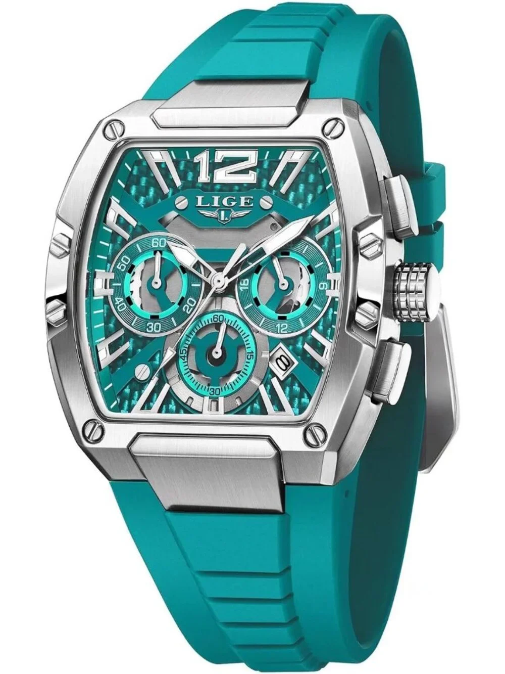 Men's Turquoise and Silver Square Chronograph Stainless Steel Quartz Wrist Watch